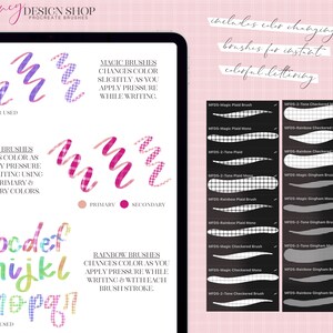 May include: A digital illustration of a Procreate brush set for creating colorful lettering. The image shows examples of the different brush styles, including plaid, gingham, and checkered patterns. The text "includes color changing brushes for instant colorful lettering" is visible in the image.