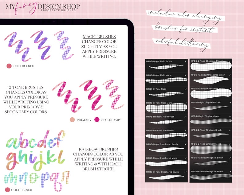 May include: A digital illustration of a Procreate brush set for creating colorful lettering. The image shows examples of the different brush styles, including plaid, gingham, and checkered patterns. The text "includes color changing brushes for instant colorful lettering" is visible in the image.