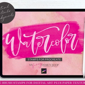Pode incluir: Uma ilustração digital de um fundo de aquarela rosa com a palavra "aquarela" escrita em itálico branco. A imagem inclui o texto "STAMPS FOR PROCREATE" e "My Fancy Design Shop Procreate Brushes". A imagem é um produto digital para usar com o aplicativo Procreate.