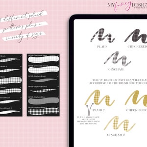 May include: A digital illustration of six Procreate brushes for creating plaid, checkered, and gingham patterns. The brushes are shown in black and white and gold. The text "MYfancy DESIGN SHOP" and "PROCREATE BRUSHES" is at the top of the image. The text "THE "2" BRUSHES' PATTERN WILL CHANGE ACCORDING TO THE BRUSH SIZE YOU CHOOSE." is in the middle of the image. The text "IT WILL ALSO CHANGE AS YOU APPLY PRESSURE WHEN USING THE BRUSH/PEN" is at the bottom of the image.