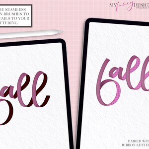 May include: A digital illustration of the word "fall" written in a pink ribbon style font. The word is layered with a pink and white checkered pattern. The text "USE THE SEAMLESS PATTERN BRUSHES TO ADD DETAILS TO YOUR LETTERING." is in the top left corner of the image. The text "MYfabe DESIGN SHOP PROCREATE BRUSHES" is in the top right corner of the image. The text "PAIRED WITH MY RIBBON LETTERING SET" is in the bottom right corner of the image.