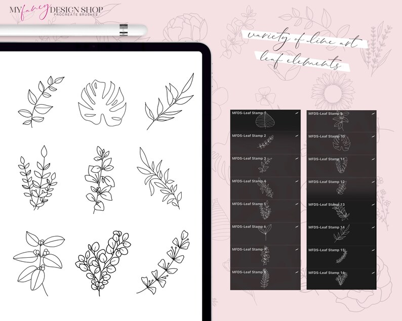 Floral Line Art Procreate Brushes - Botanical Digital Stamps ...