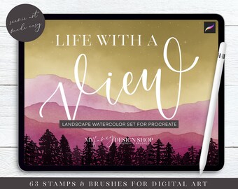 Watercolor Mountain Landscape Procreate Brushes – 63 Stamps (Digital Download)