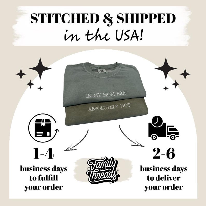 May include: A graphic tee with the text "In My Mom Era Absolutely Not" printed on it. The tee is folded and displayed with a box and truck icon, indicating a 1-4 business day fulfilment and 2-6 business day delivery time. The text "Family Threads" is also visible in the image.