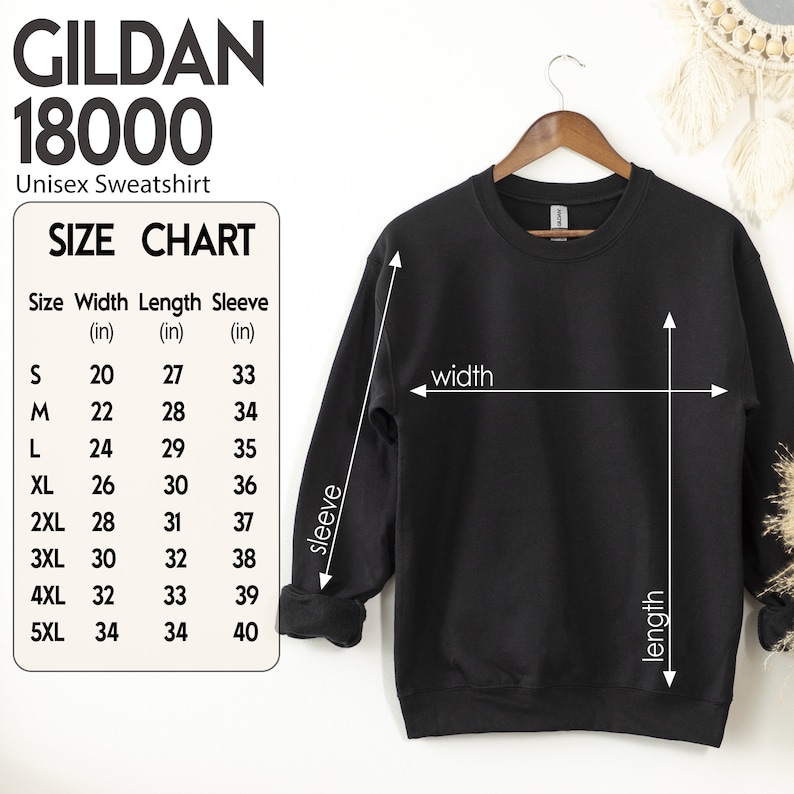 May include: Size chart for a black unisex Gildan 18000 sweatshirt. The chart shows measurements in inches for width, length, and sleeve length for sizes S through 5XL.