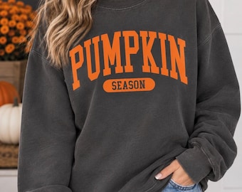 May include: A charcoal grey crewneck sweatshirt featuring the text PUMPKIN in large orange arched letters and the word SEASON in a smaller orange rectangular box below. The garment has long sleeves and a ribbed collar, cuffs, and hem.