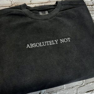May include: Black sweatshirt with the text "ABSOLUTELY NOT" embroidered in white.