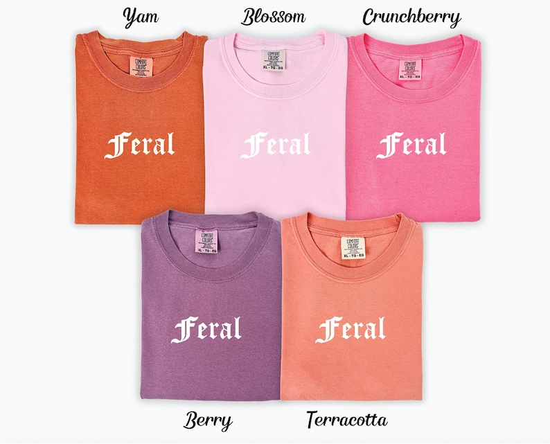 Puede incluir: Cinco camisetas de diferentes colores con la palabra "Feral" impresa en blanco en la parte delantera. Los colores son: Yam, Blossom, Crunchberry, Berry y Terracotta.