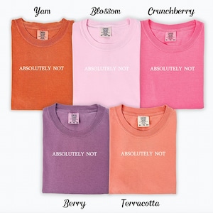 May include: Five t-shirts in different colours, each with the text "ABSOLUTELY NOT" printed on the front. The colours are: Yam (orange), Blossom (pink), Crunchberry (hot pink), Berry (purple), and Terracotta (coral).