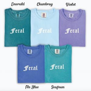 Puede incluir: Cinco camisetas de diferentes colores con la palabra "Feral" impresa en blanco en la parte delantera. Los colores son esmeralda, Chambray, violeta, flo azul y espuma de mar.