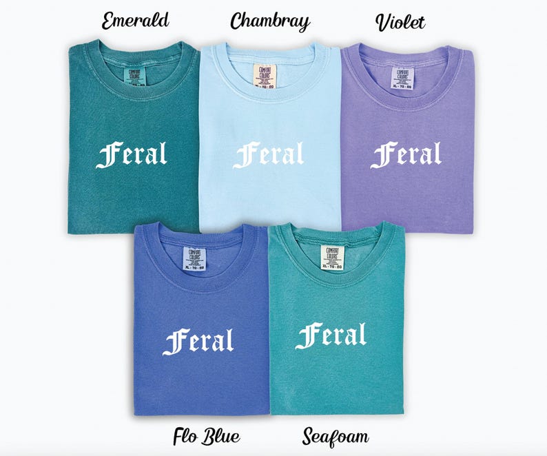 Puede incluir: Cinco camisetas de diferentes colores con la palabra "Feral" impresa en blanco en la parte delantera. Los colores son esmeralda, Chambray, violeta, flo azul y espuma de mar.