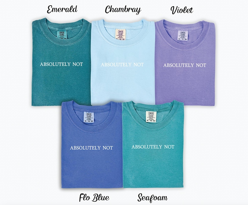 May include: Five t-shirts in different colours, each with the text "ABSOLUTELY NOT" printed on the front. The colours are emerald, chambray, violet, flo blue, and seafoam.