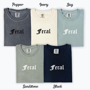 Puede incluir: Cinco camisetas de diferentes colores con la palabra "Feral" impresa en una fuente g&oacute;tica. Los colores son Pepper, Ivory, Bay, Sandstone y Black.