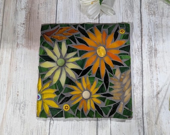 Sunflower Mosaic Trivet Kit, Hand-Cut Stained Glass, DIY Craft