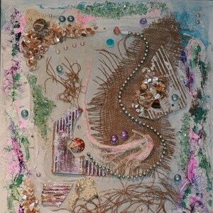 May include: A mixed media artwork featuring a seashell, burlap, beads, and other natural elements on a textured canvas background. The artwork is decorated with various colors, including pink, blue, green, and brown.