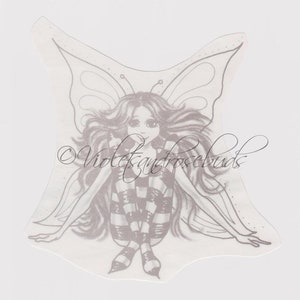 Vintage, Retro, Cute Gothic Fairy sitting cross legged, Halloween Faerie, Pretty Mystical Fae, Magical  Pixie with wings, PDF digital File