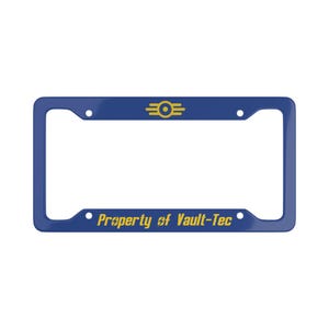 May include: A blue license plate frame with the text "Property of Vault-Tec" in yellow. The frame has a yellow and blue logo at the top. The frame has four screw holes.