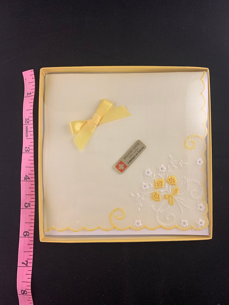 made in Switzerland light yellow in original box! Vintage Hankie with embroidery