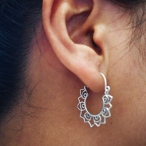 Lotus Hoop Earrings Sterling silver Mandala Earrings, Boho Tribal Ethnic Jewelry, yoga lover gift/ PHP012