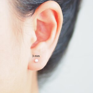以下が含まれることがあります： 小さな銀のスタッドピアスをした耳のクローズアップ。ピアスの直径は3mmです。