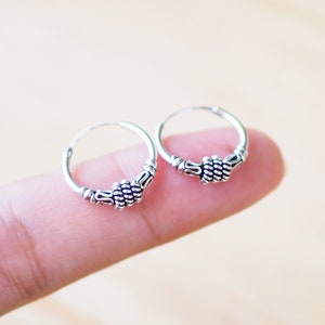 14 mm Sterling Silver Bali Hoop Earrings, Oxidized Bali Ball Hoops, Cartilage Hoops, Tiny Hoop / BB1416-BH41-SHB