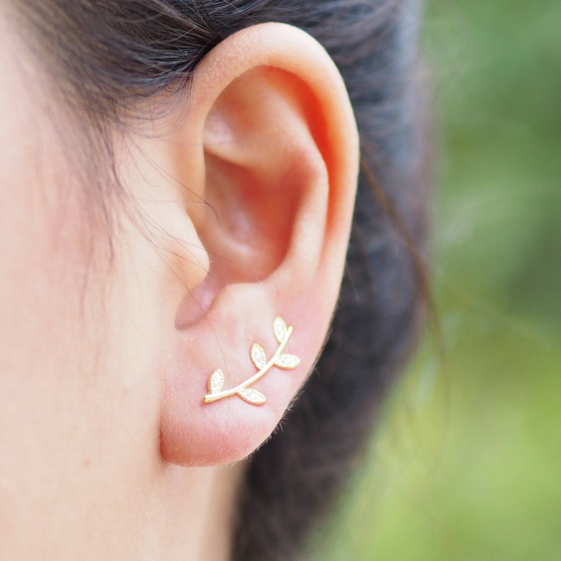 CZ Olive Leaf Ear Climber Earrings Vine Earrings Leaf Etsy