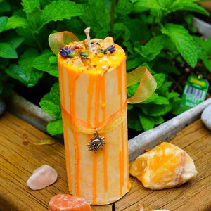 Homemade Litha (Summer Solstice) Pillar Candle - Crystal and Herb Infused - Vegan - Organic - All Natural