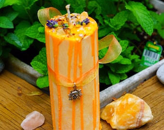 Vela de pilar casera Litha (solsticio de verano) - Cristal e infusión de hierbas - Vegano - Orgánico - Todo natural