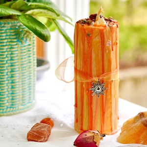 Homemade Litha (Summer Solstice) Pillar Crystal Infused Ritual Candle - Vegan - Natural - Organic