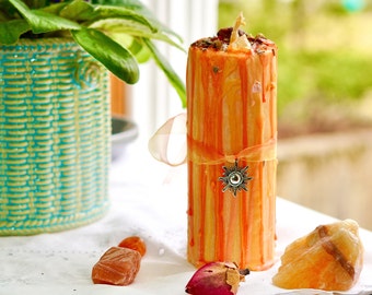 Vela ritual con infusión de cristal de pilar Litha (solsticio de verano) hecha en casa - Vegano - Natural - Orgánico