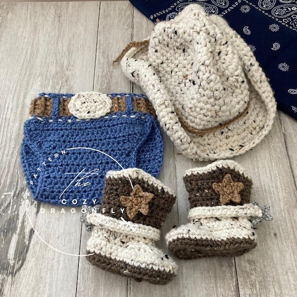 CROCHET PATTERN Baby Cowboy Outfit, Cowgirl, Cowboy Boots, Crochet Baby Jeans, Cowboy Hat, Cowboy Photo Prop, 0-12 months, PDF Download
