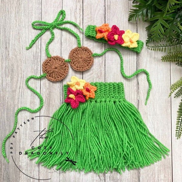 CROCHET PATTERN Baby Hawaiian Hula Outfit, Baby Luau, Pattern Sizes 0-12 Months, Crochet Photo Prop, Grass Skirt, Coconut Bra, PDF Download
