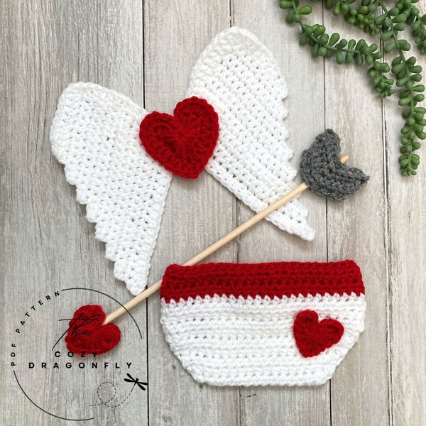 PATRÓN CROCHET Conjunto Cupido Bebé, Crochet Bebé San Valentín, Regalo Baby Shower, Accesorio Fotográfico, Cubrepañal y Alas, 0-12 meses, Descargar PDF