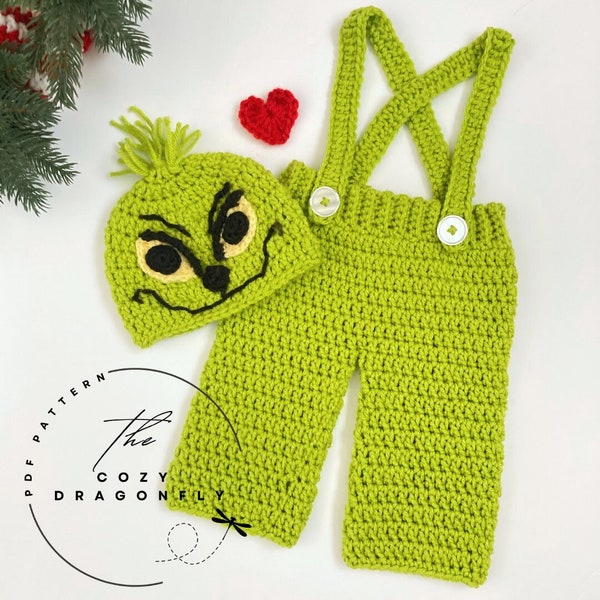 CROCHET PATTERN Baby Grinch Outfit, Crochet Baby Christmas, Photo Prop, Baby Costume, 0-12 months, PDF Download