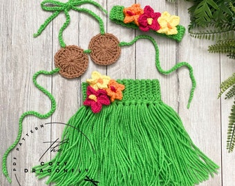 CROCHET PATTERN Baby Hawaiian Hula Outfit, Baby Luau, Pattern Sizes 0-12 Months, Crochet Photo Prop, Grass Skirt, Coconut Bra, PDF Download