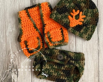 CROCHET PATTERN Baby Hunting Outfit, 0-12 Months Pattern, Baby Camo, Baby Diaper Cover, Baby Costume, Crochet Baby Shower Gift, PDF Download