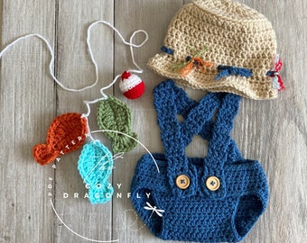 CROCHET PATTERN Baby Fishing Outfit, 0-12 Months Pattern, Baby Beanie, Diaper Cover, Fishing Hat, Photo Prop, Baby Shower Gift, PDF Download