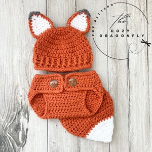 CROCHET PATTERN Baby Fox Outfit, Crochet Fox Pattern, Baby Beanie, Baby Diaper Cover, Baby Costume, Sizes 0-12 Months, PDF Download