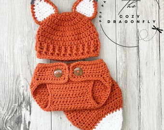 CROCHET PATTERN Baby Fox Outfit, Crochet Fox Pattern, Baby Beanie, Baby Diaper Cover, Baby Costume, Sizes 0-12 Months, PDF Download