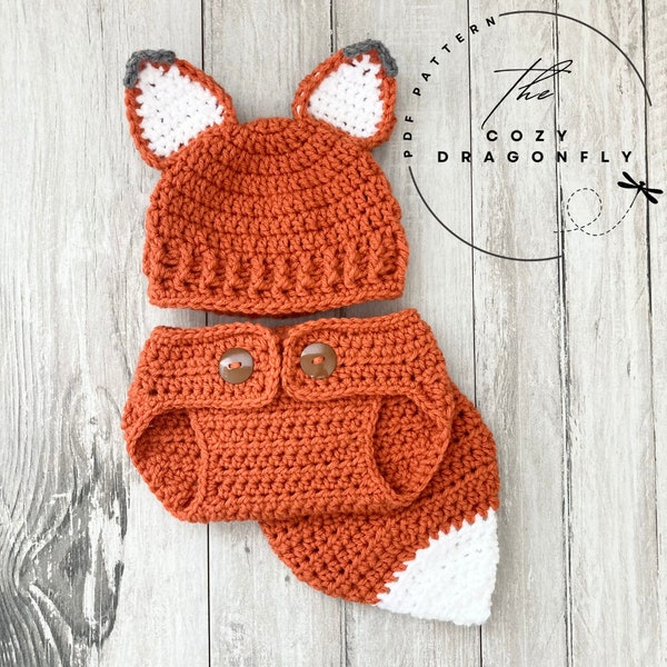 MOTIF AU CROCHET Tenue de bébé renard, motif renard au crochet, bonnet pour bébé, couvre-couche pour bébé, déguisement pour bébé, tailles 0-12 mois, téléchargement PDF