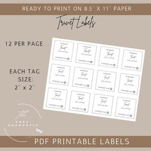 Op de afbeelding: Printbare onderzetterlabels op A4-papier. Elk label is 5 cm x 5 cm en gemaakt van 100% katoen. De labels zijn wasbaar en geschikt voor de droger. De tekst "Trivet Labels" staat bovenaan.