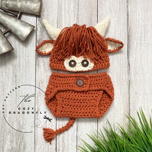 May include: A crocheted baby outfit in the shape of a Highland cow. The outfit includes a hat with a white face and brown eyes, a diaper cover, and a tail. The outfit is made in shades of brown and white.