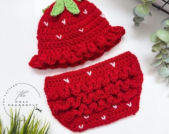 CROCHET PATTERN Baby Strawberry Outfit, Bucket Hat, Costume, 0-12 Months, PDF Download