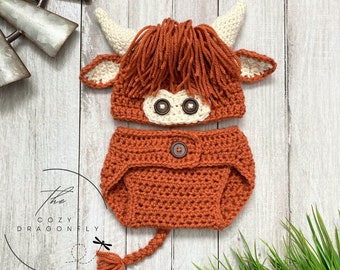 Baby Highland Cow Size 0-3 months, Baby Cow, Baby Gift, Baby Photo Prop, Crochet Baby Costume, Baby Beanie and Diaper Cover