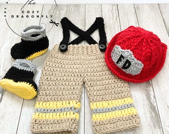 CROCHET PATTERN Baby Fireman Outfit, Sizes Newborn-12 Months, Baby Firemen Hat, Baby Photo Prop, Crochet Baby Costume, PDF Download