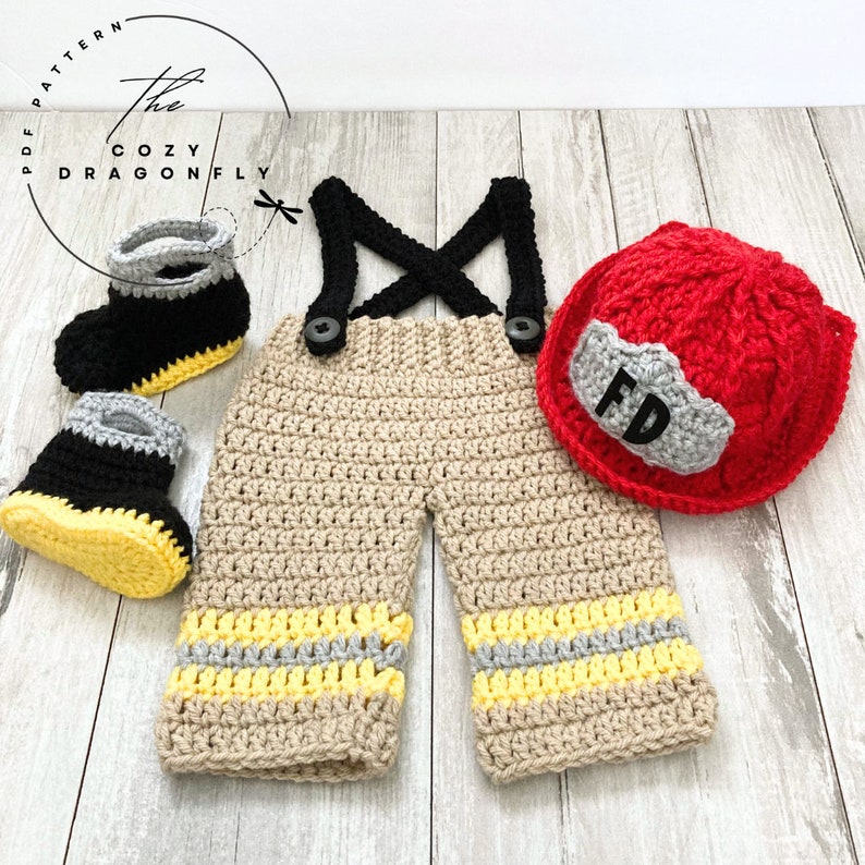 CROCHET PATTERN Baby Fireman Outfit, Sizes Newborn-12 Months, Baby Firemen Hat, Baby Photo Prop, Crochet Baby Costume, PDF Download image 1