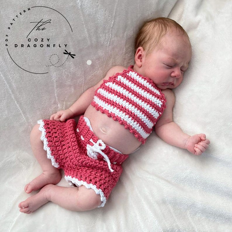GEHAAKT PATROON zomerbabyset, babybadpak, haltertop, babyshort, gehaakte babybikini, crop top baby, newborn-12 maanden, pdf-download afbeelding 2