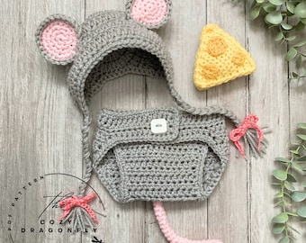 CROCHET PATTERN Baby Mouse Outfit, Crochet Cheese Rattle, Pattern Sizes 0-12 Months, Baby Shower, Baby Photo Prop, Baby Bonnet, PDF Download