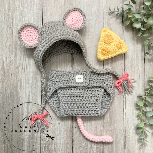 CROCHET PATTERN Baby Mouse Outfit, Crochet Cheese Rattle, Pattern Sizes 0-12 Months, Baby Shower, Baby Photo Prop, Baby Bonnet, PDF Download