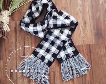 CROCHET PATTERN Plaid Scarf, Crochet Scarf Pattern, Crochet Plaid, Crochet Buffalo Plaid, Fringe Scarf, PDF Download